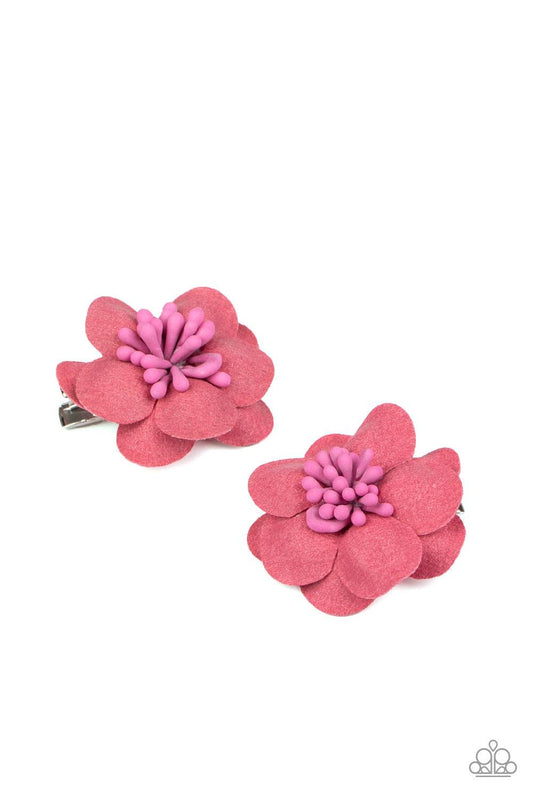 Paparazzi Accessories Look At Her GROW! - Pink Pink paper-like petals bloom from a matching beaded center, creating a charming pair of colorful blossoms. Each flower features a standard hair clip on the back. Sold as one pair of hair clips. Hair Accessori
