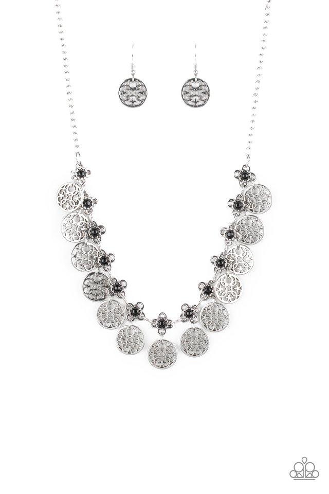 Paparazzi Accessories Mandala Movement - Black Silver mandala-like frames swing from the bottom of black beaded fittings, creating a flirtatious fringe below the collar. Features an adjustable clasp closure.Sold as one individual necklace. Includes one pa