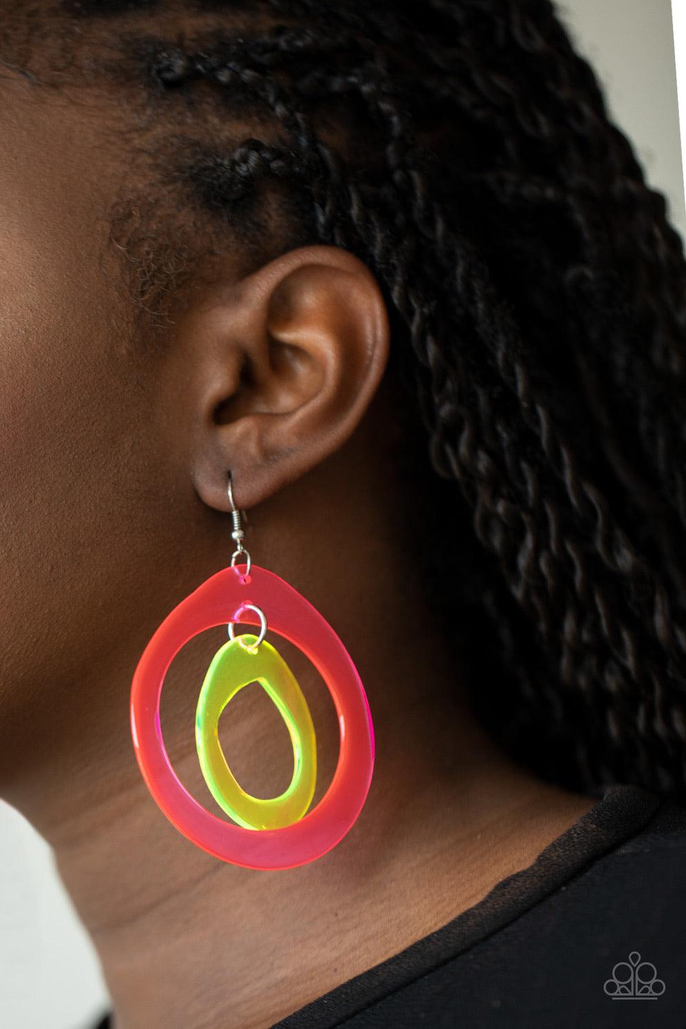 Paparazzi Accessories Show Your True NEONS - Multi Featuring asymmetrical shapes, neon pink and yellow acrylic hoops link into a dizzying lure for an out-of-this-world experience. Earring attaches to a standard fishhook fitting. Sold as one pair of earrin
