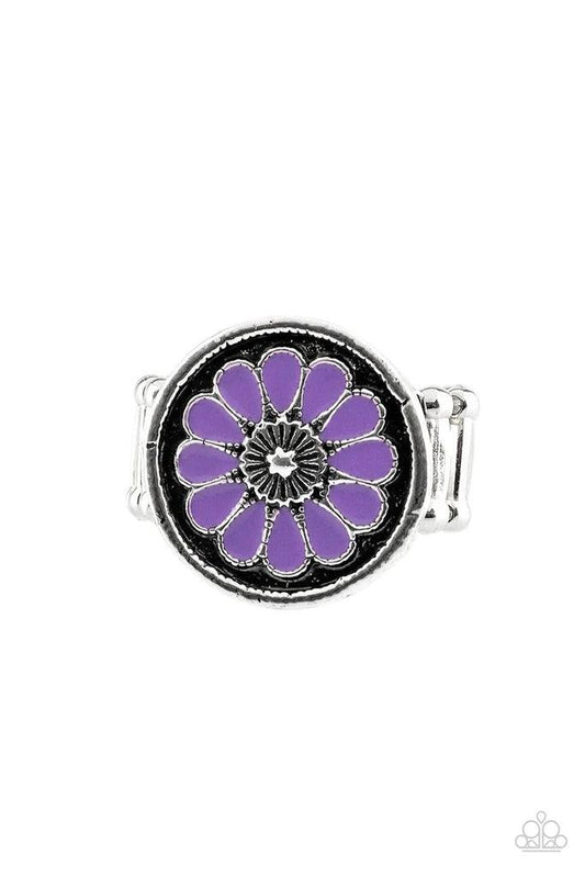 Paparazzi Accessories Garden View - Purple Brushed in an antiqued shimmer, vivacious purple petals spin into a whimsical floral pattern atop the finger. Features a stretchy band for a flexible fit. Sold as one individual ring. Jewelry