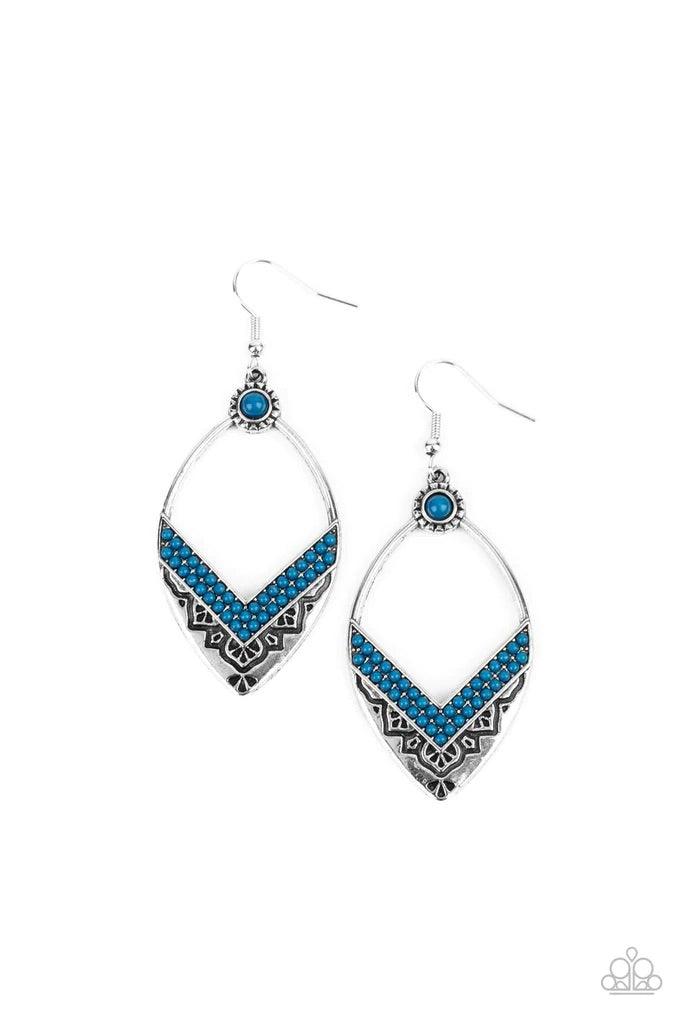 Paparazzi Accessories Indigenous Intentions - Blue Two rows of Mykonos Blue seed beads create a V at the bottom of an airy silver frame embossed and stamped in indigenous inspired patterns. A matching Mykonos Blue seed bead adorns the top of the frame, ad