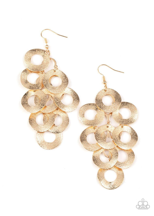 Paparazzi Accessories Scattered Shimmer - Gold Delicately hammered in light-catching shimmer, rows of curved gold hoops delicately overlap into a noise-making lure. Earring attaches to a standard fishhook fitting. Sold as one pair of earrings. Jewelry