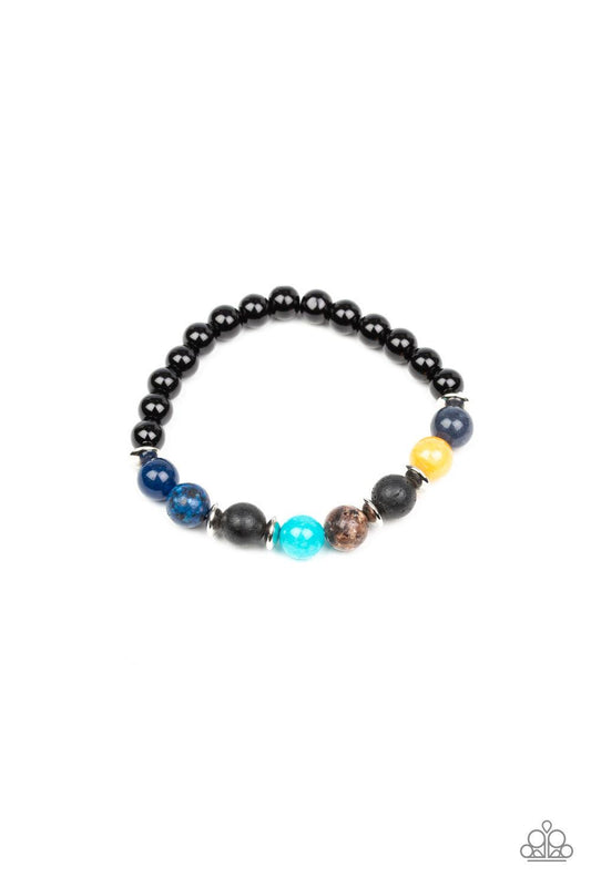 Paparazzi Accessories Journey - Multi A refreshing compilation of shiny black beads, silver accents, and earthy stone beads are threaded along a stretchy band around the wrist for a seasonal look. Sold as one individual bracelet. Jewelry