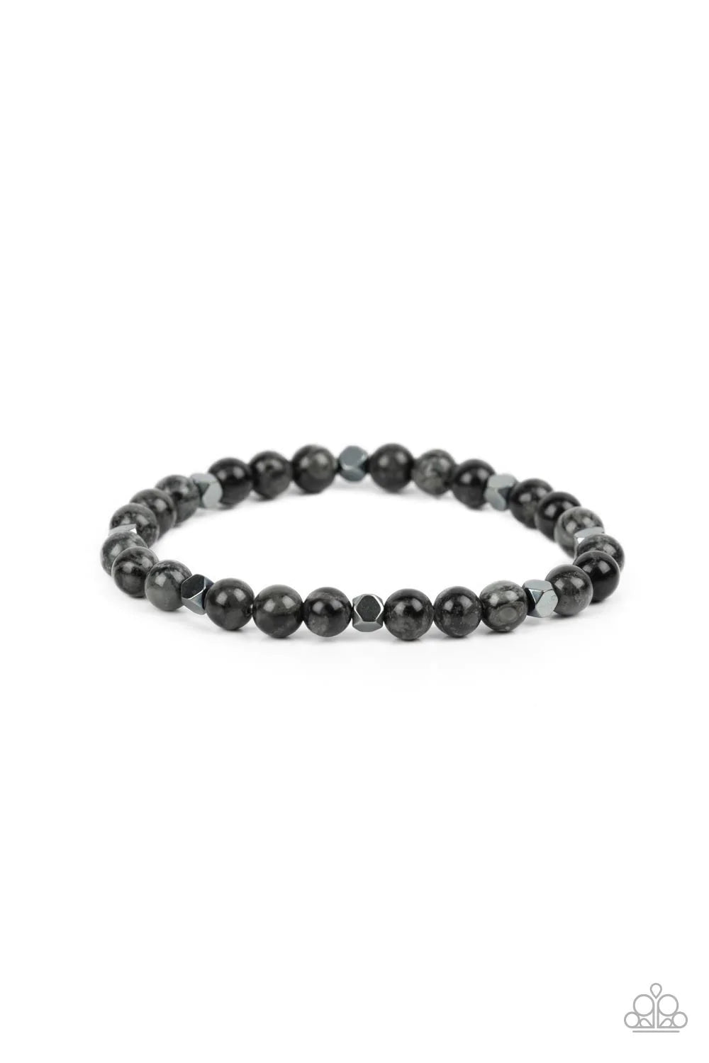 Paparazzi Accessories Interstellar Solitude - Silver A dainty collection of speckled gray stone beads and faceted hematite cube beads are threaded along a stretchy band around the wrist for an earthy flair. Sold as one individual bracelet. Jewelry