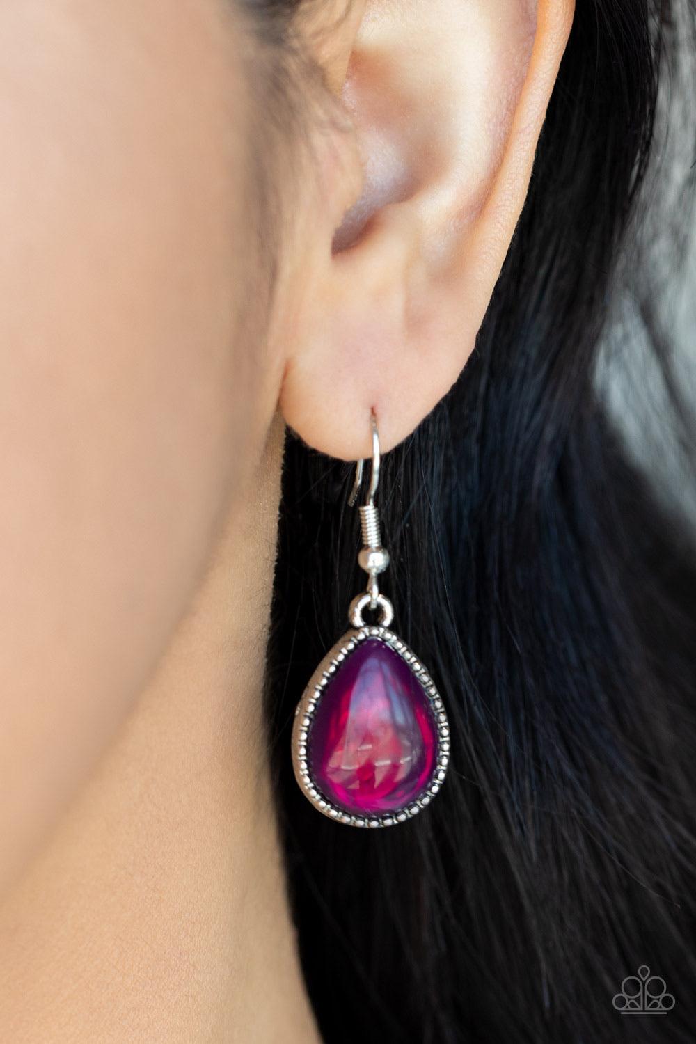 Paparazzi Accessories Opal Auras Featuring an opalescent shimmer, glassy purple teardrop beads are nestled inside shiny silver frames filled with vine-like antiqued filigree. Graduating in size, the whimsical frames delicately link below the collar for an