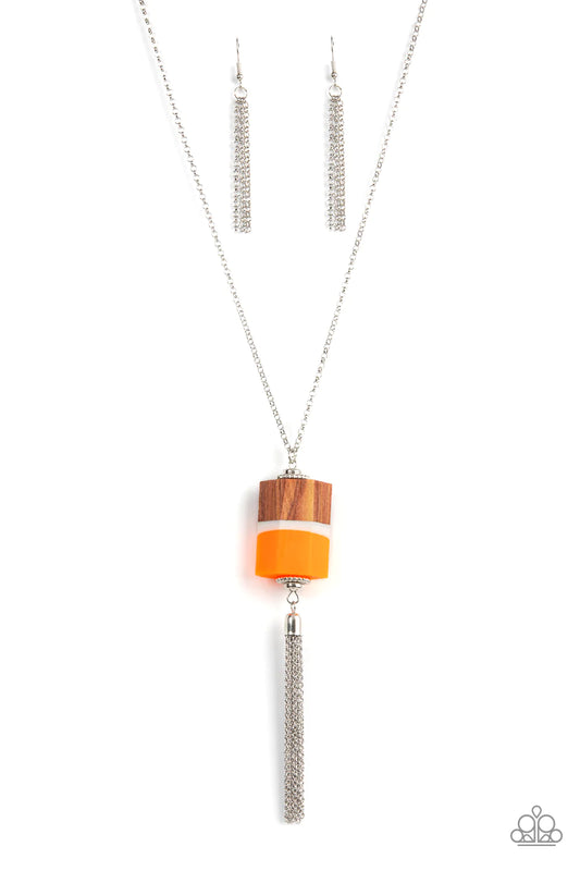 Paparazzi Accessories Reel It In - Orange Infused with silver beaded accents, pieces of orange and brown wood and a white acrylic accent delicately stack into a faceted geometric pendant at the bottom of an extended silver chain. A shimmery silver chain t