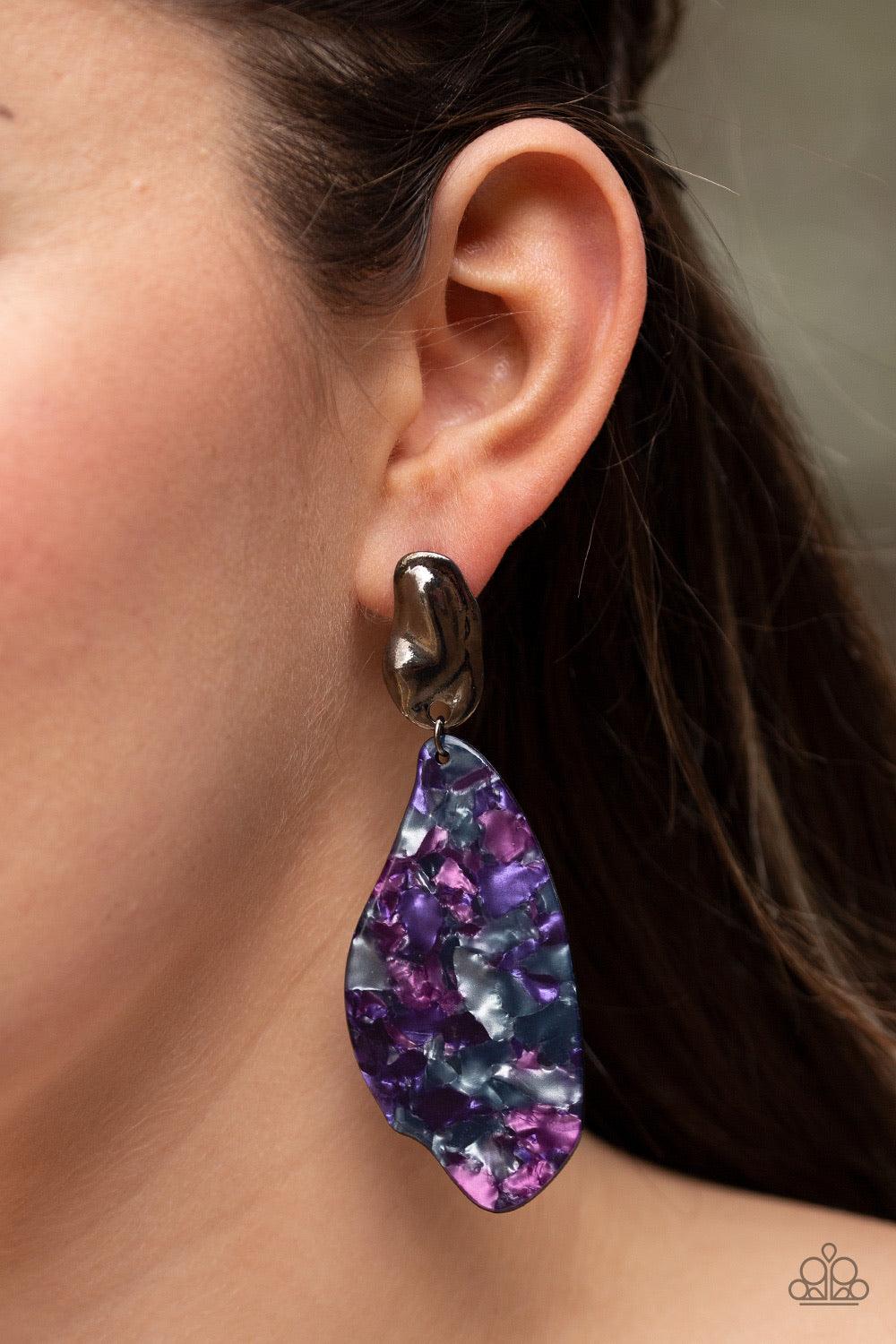 Paparazzi Accessories Fish Out Of Water - Purple Featuring a faux marble finish, a colorful acrylic frame swings from the bottom of an abstract gunmetal fitting for a retro vibe. Earring attaches to a standard post fitting. Color may vary. Jewelry
