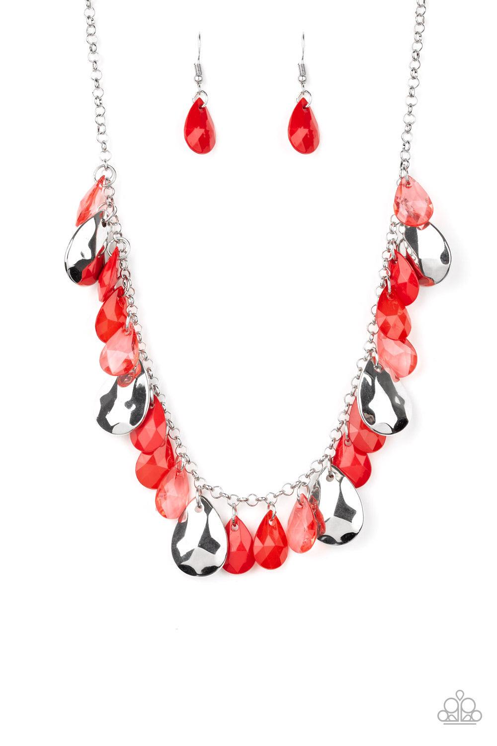 Paparazzi Accessories Hurricane Season - Red Glassy and polished red teardrops drip from the bottom of a shimmery silver chain. Faceted silver teardrops trickle between the colorful beading, adding a flashy finish to the flirtatious fringe. Features an ad