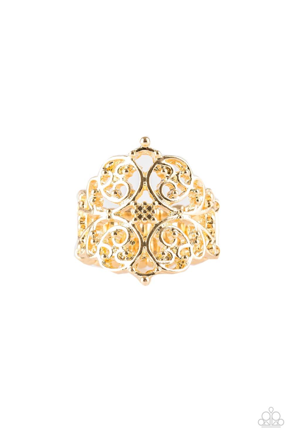 Paparazzi Accessories Victorian Valor - Gold Brushed in a glistening finish, shimmery gold filigree vines curl across the finger, coalescing into an airy frame for a vintage-inspired look. Features a stretchy band for a flexible fit. Sold as one individua
