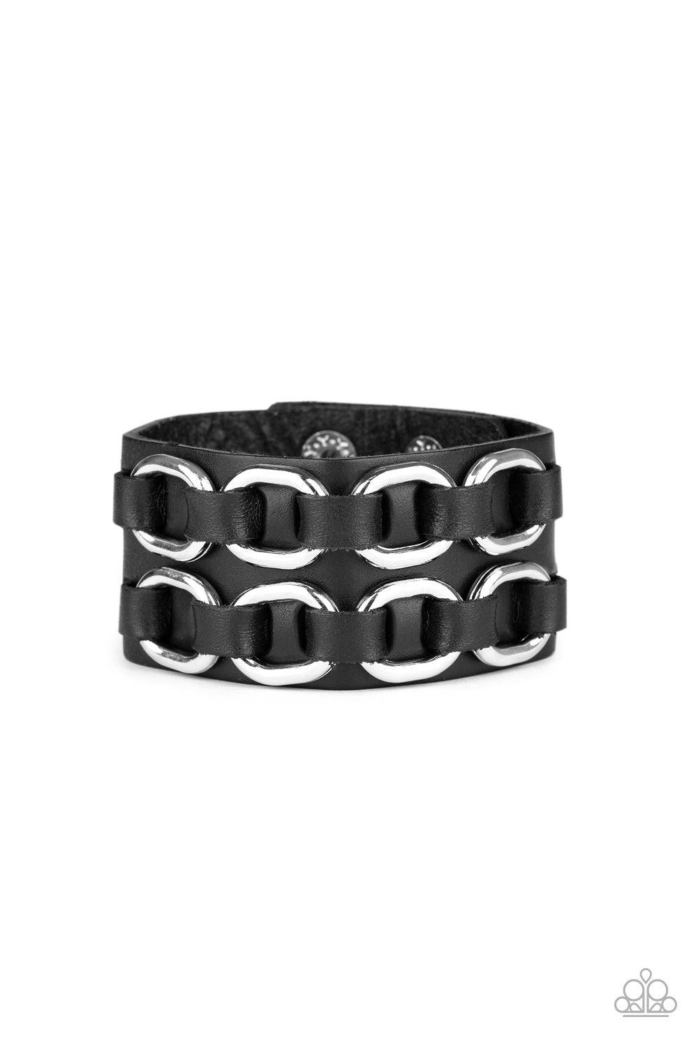 Paparazzi Accessories Throttle it Out - Black Black leather laces thread through two rows of bold silver links across the front of a thick black leather band for a gritty look. Features an adjustable snap closure. Jewelry