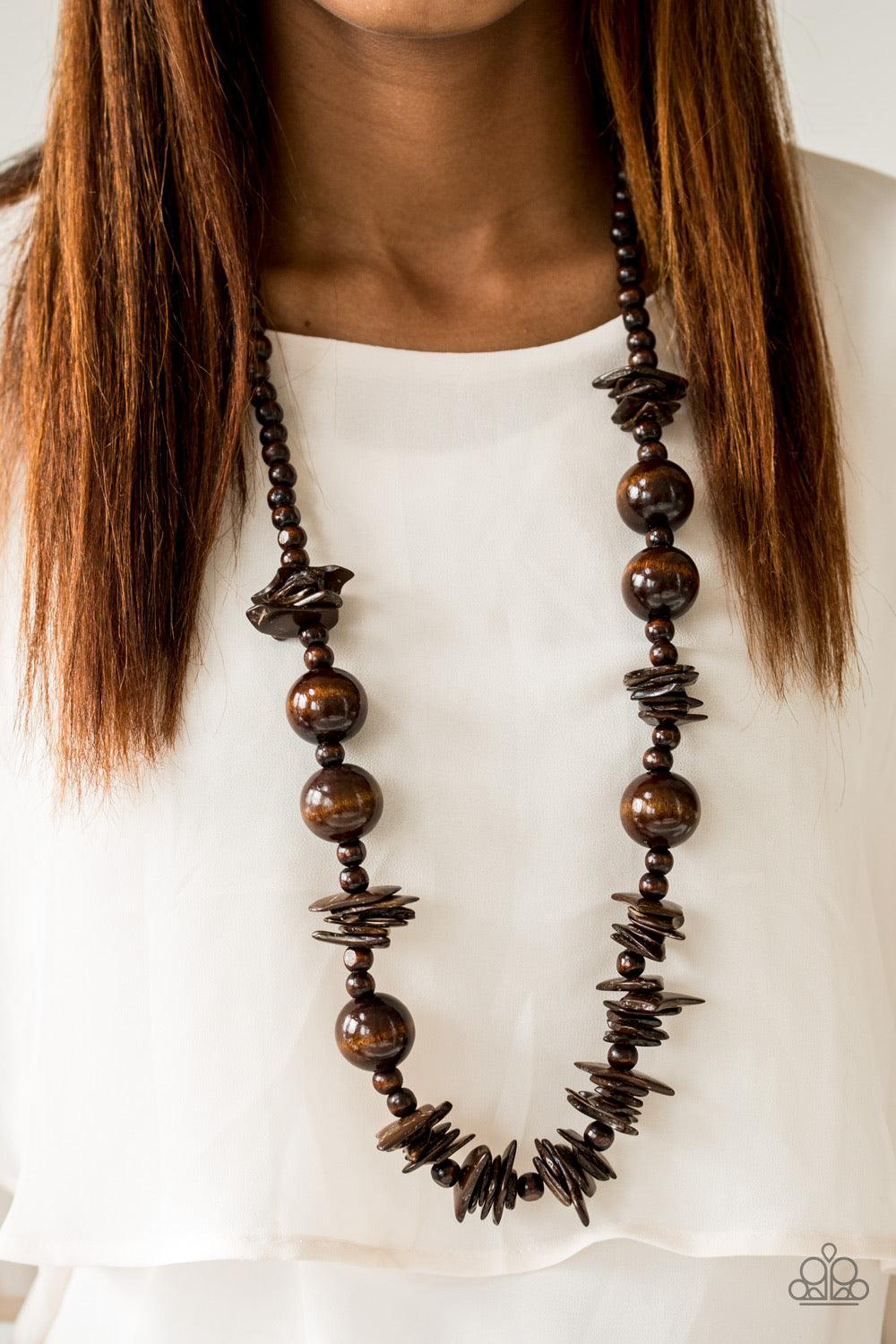 Paparazzi Accessories Yes We CANCUN - Brown Brushed in a neutral brown finish, polished wooden beads and distressed wooden accents trickle along the chest for a summery look. Jewelry