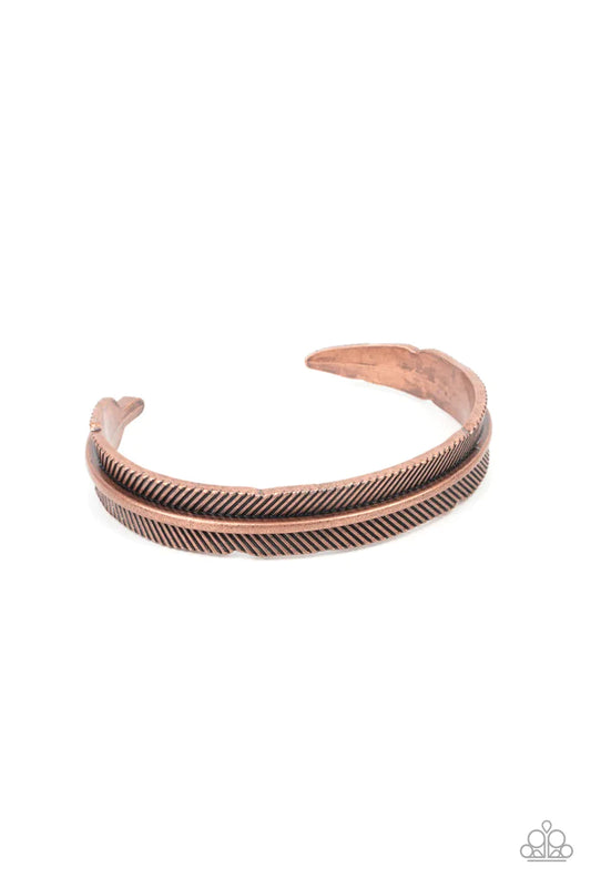 Paparazzi Accessories QUILL-Call - Copper Etched in lifelike texture, an antiqued copper feather curls around the wrist, creating a rustic cuff. Sold as one individual bracelet. Jewelry