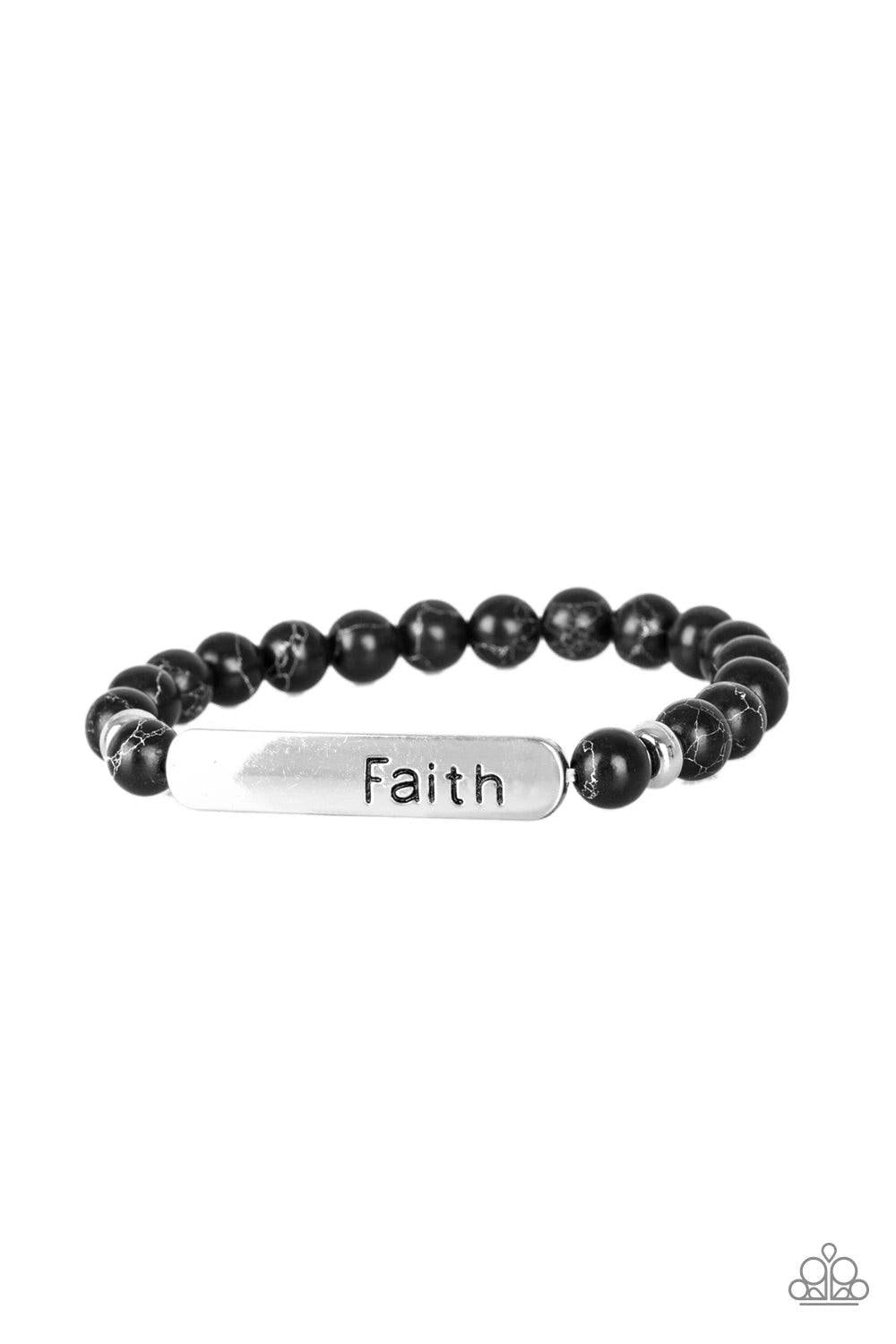 Paparazzi Accessories Fearless Faith - Black Infused with dainty silver beads, earthy black stone beads and a glistening silver plate stamped in the word, "Faith", are threaded along a stretchy band for a seasonal look. Sold as one individual bracelet. Je