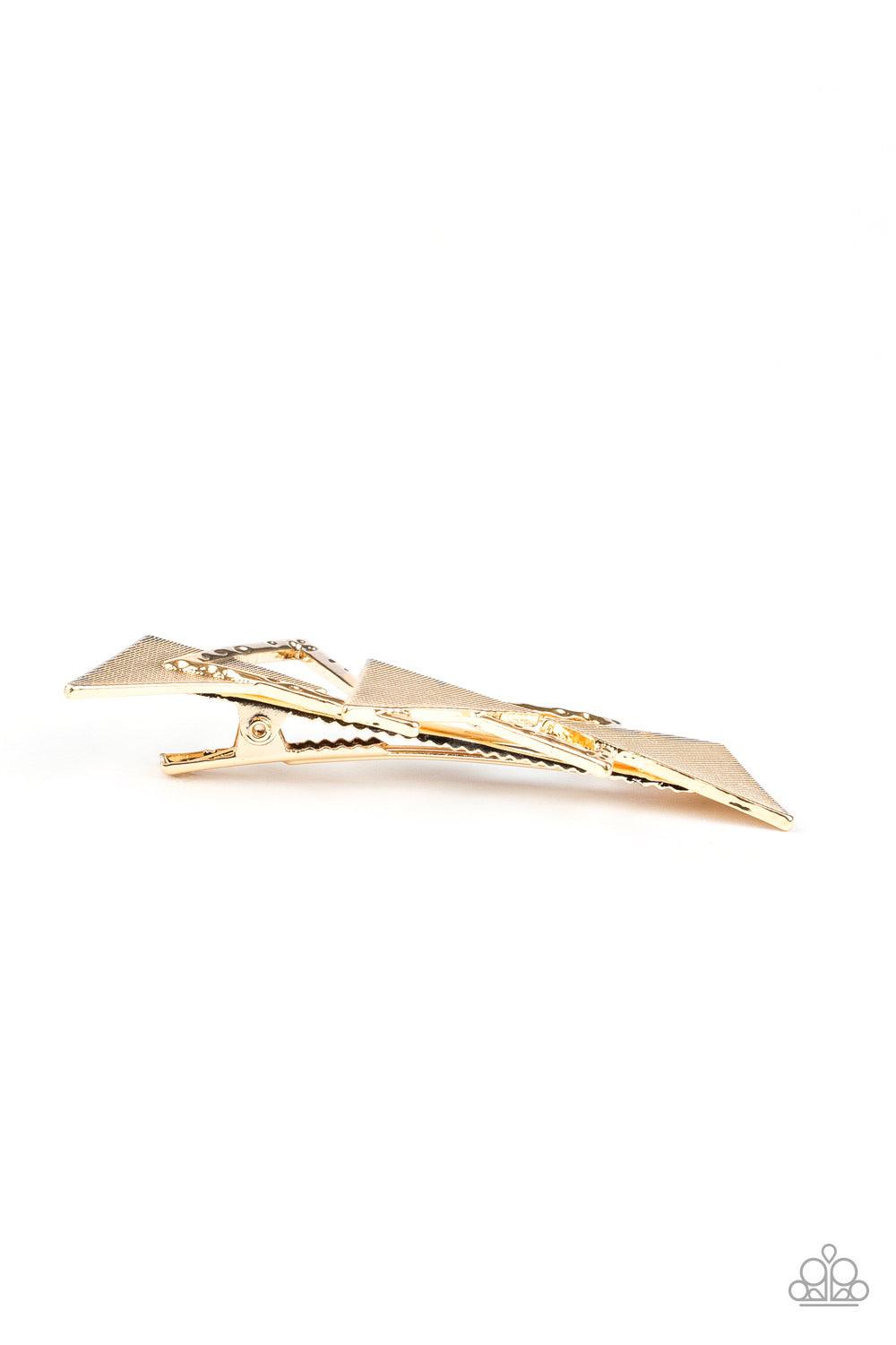 Paparazzi Accessories Know All The TRIANGLES - Gold An abstract collection of hammered and textured gold triangles overlap into an edgy frame. Features a standard hair clip on the back. Sold as one individual hair clip. Hair Accessories
