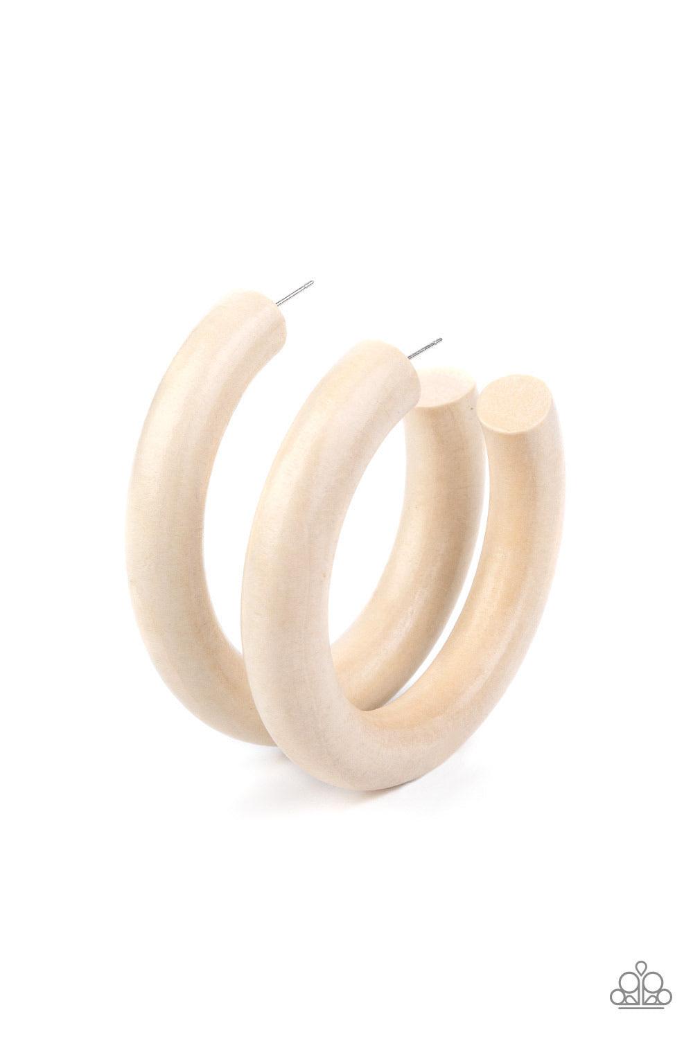 Paparazzi Accessories I WOOD Walk 500 Miles - White Painted in a neutral white finish, a thick wooden frame dramatically curls into an oversized hoop for a colorfully retro look. Earring attaches to a standard post fitting. Hoop measure approximately 2 1/