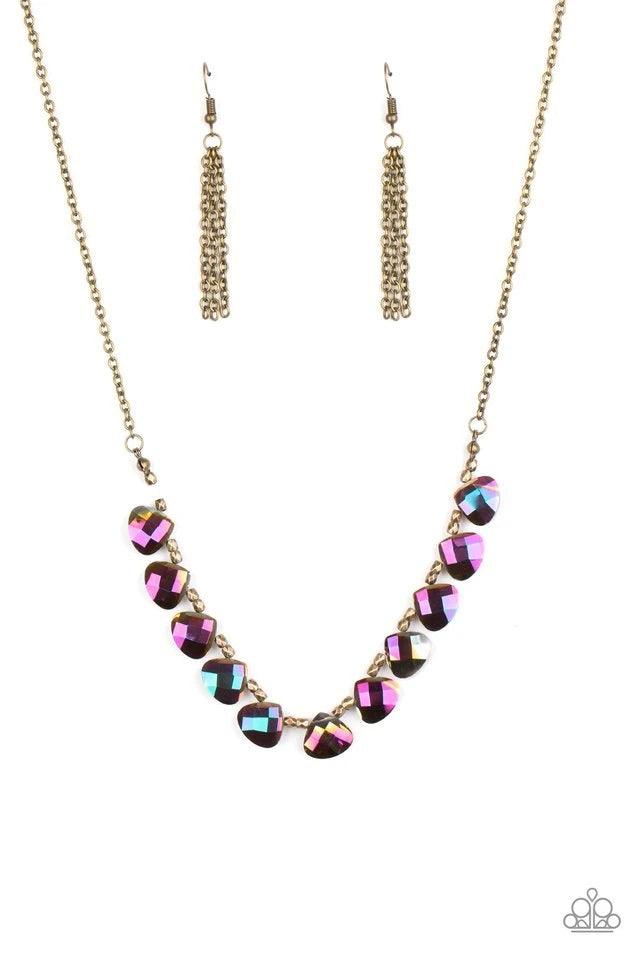 Paparazzi Accessories Catch A Fallen Star - Brass Featuring a metallic oil spill finish, rounded teardrops join pairs of faceted brass beads below the collar for an ethereally refined look. Features an adjustable clasp closure. Sold as one individual neck
