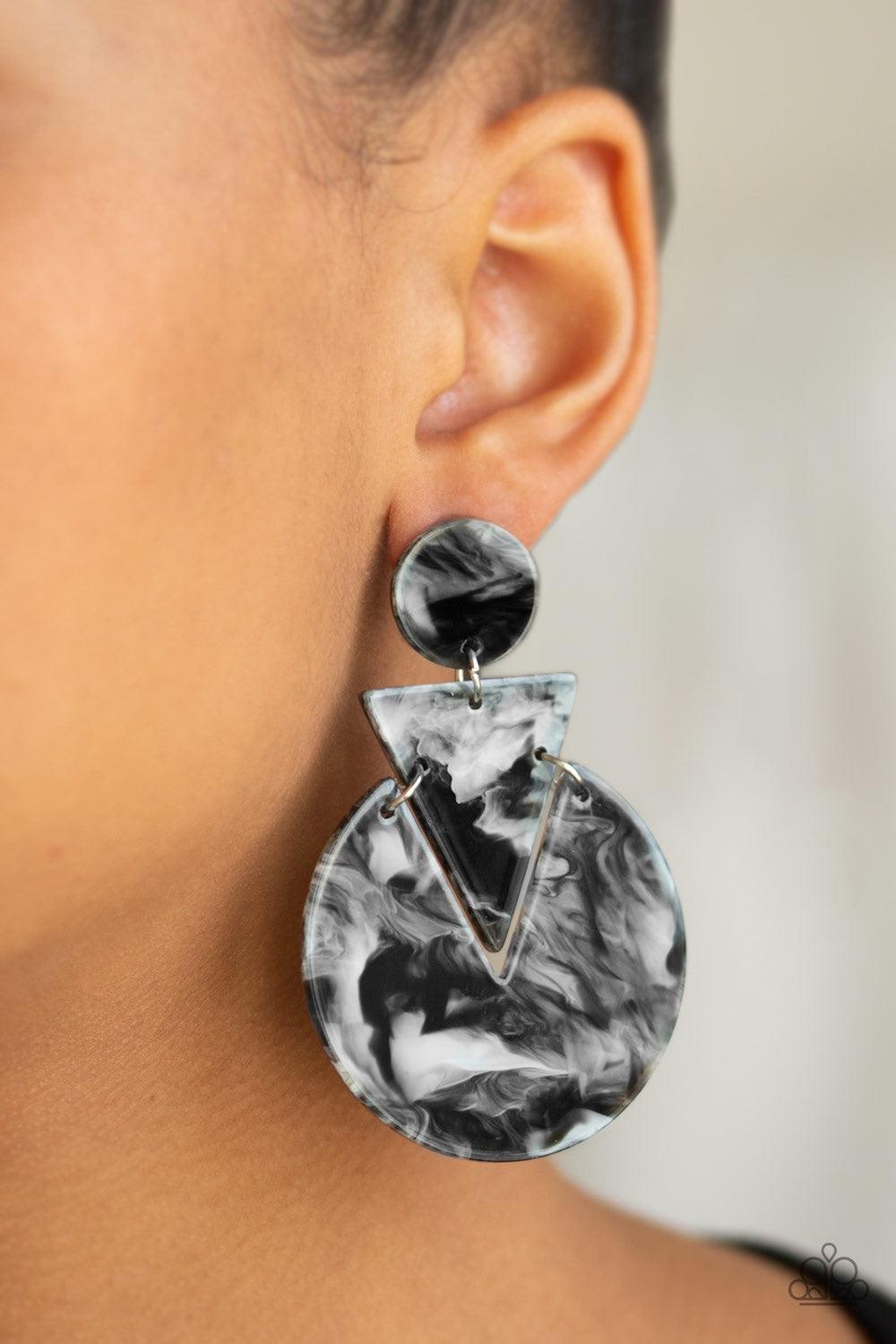 Paparazzi Accessories Head Under WATERCOLORS- Black Swirling with watercolor-like patterns, smoky acrylic frames connect into an abstract lure for a retro look. Earring attaches to a standard post fitting. Jewelry