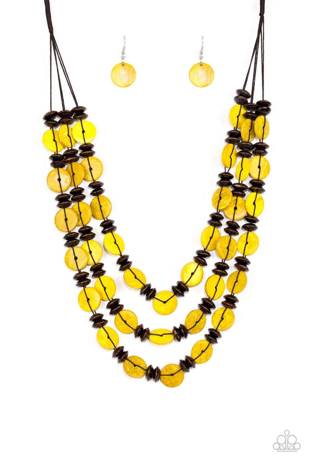 Paparazzi Accessories Key West Walkabout - Yellow Brushed in a colorful finish, rows of sunny yellow wooden discs and earthy brown beads are threaded along shiny brown cording for a summery look. Features a button loop closure. Jewelry