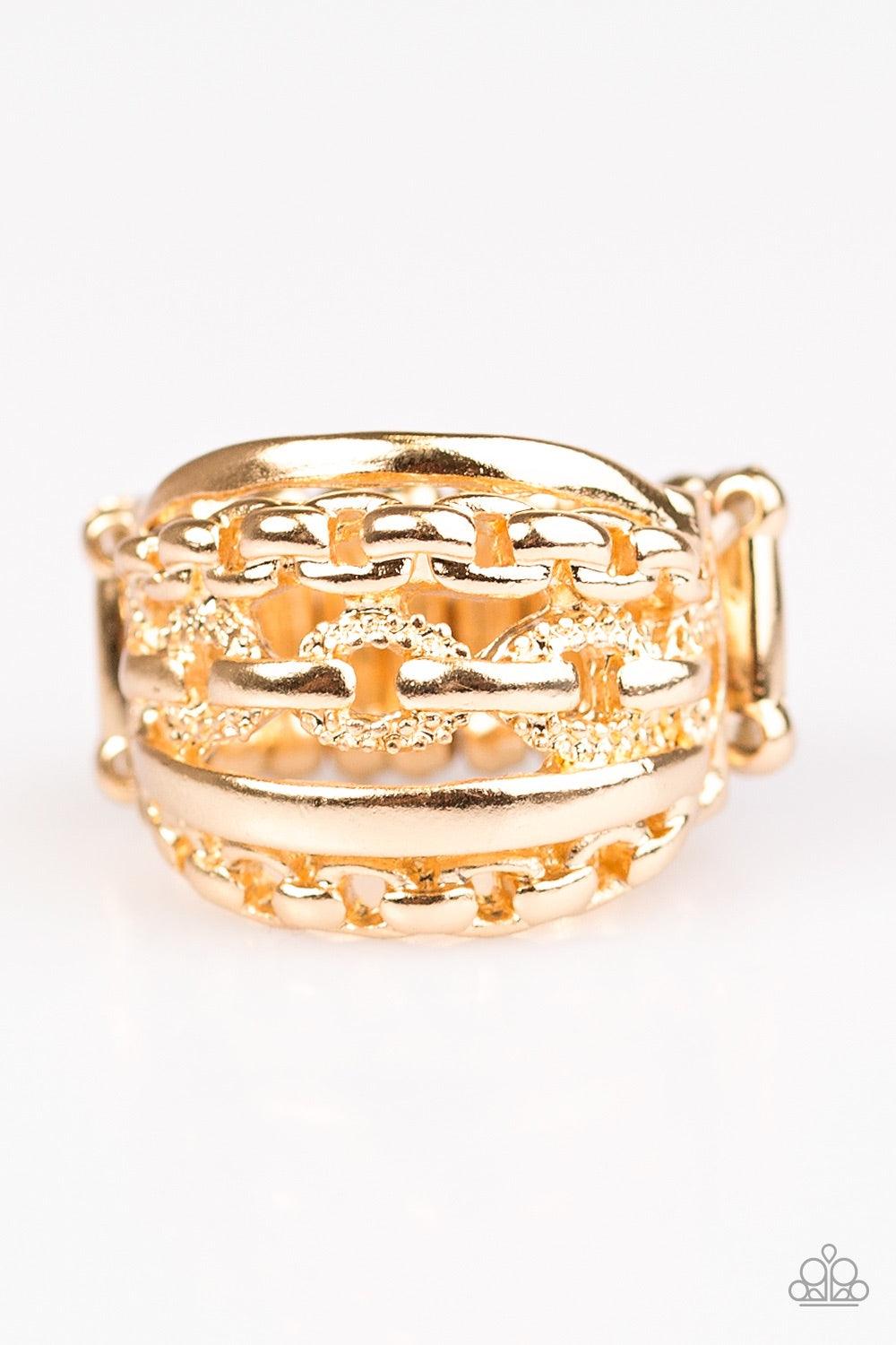 Paparazzi Accessories A CHIC Reaction - Gold A mishmash of gold chains and glistening gold bands stack across the finger, creating a chic collision of shimmery textures. Features a stretchy band for a flexible fit. Jewelry