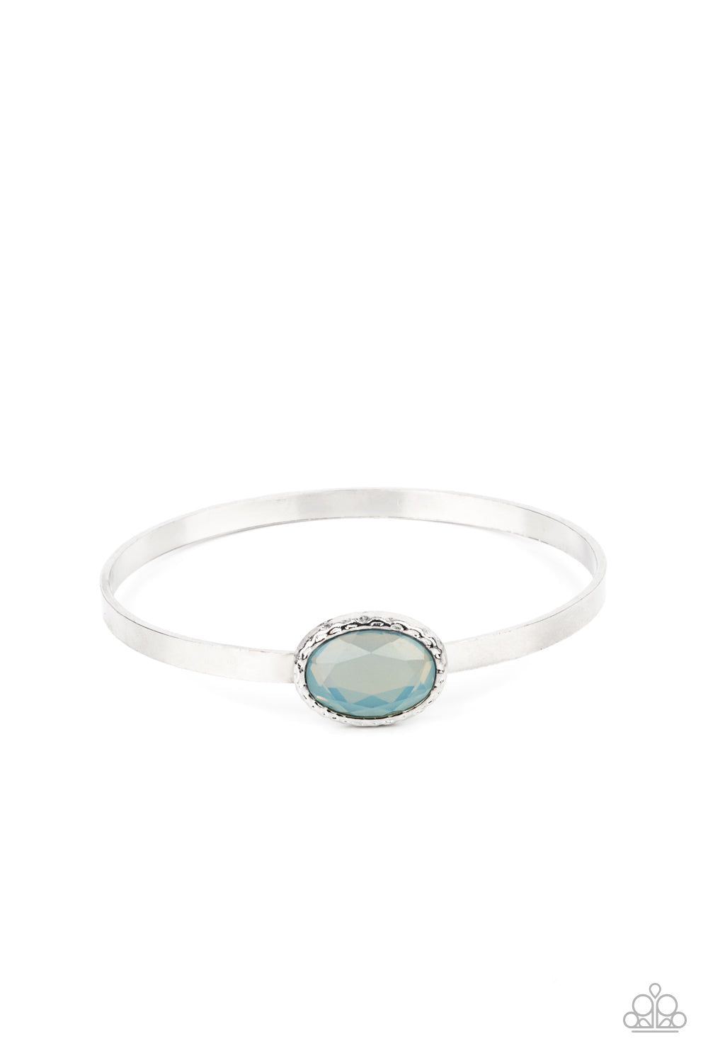 Paparazzi Accessories Misty Meadow - Blue A misty blue gem is pressed into the center of a hammered silver fitting atop a thick silver bangle, creating an ethereal centerpiece. Sold as one individual bracelet. Jewelry