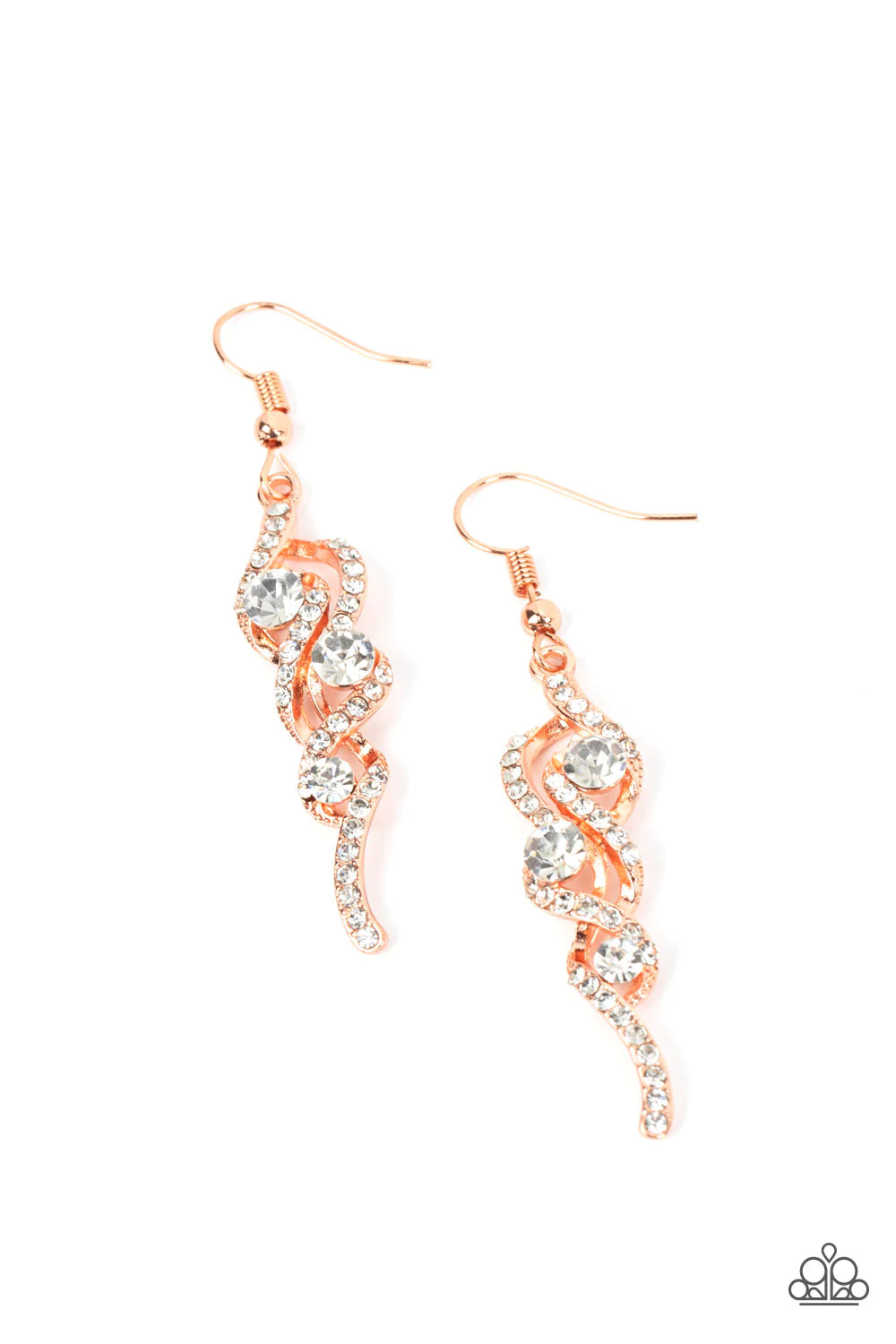 Paparazzi Accessories Highly Flammable - Copper Radiant rivulets of dainty white rhinestones twirl around solitaire white rhinestones, whirling into a shiny copper flame for a fiery finish. Earring attaches to a standard fishhook fitting. Jewelry