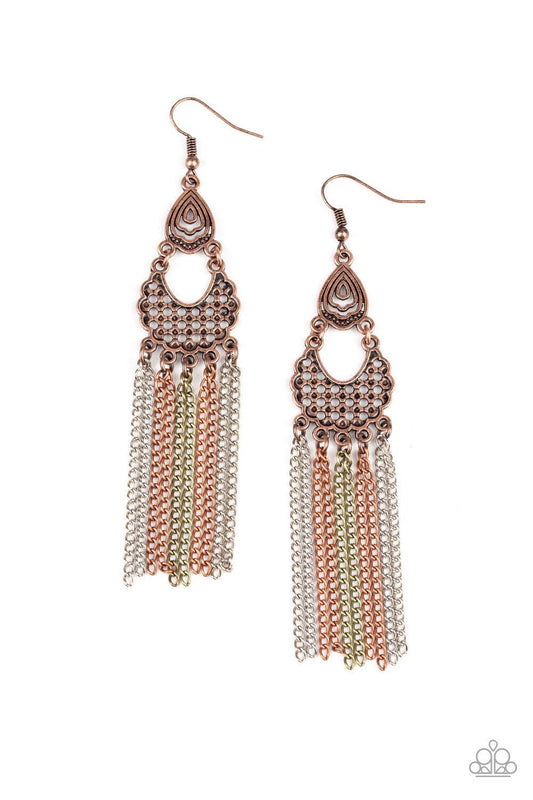 Paparazzi Accessories Insane Chain - Multi Pairs of shimmery brass, copper, and silver chains cascade from the bottom of a stacked copper lure featuring airy filigree. Earring attaches to a standard fishhook fitting. Jewelry