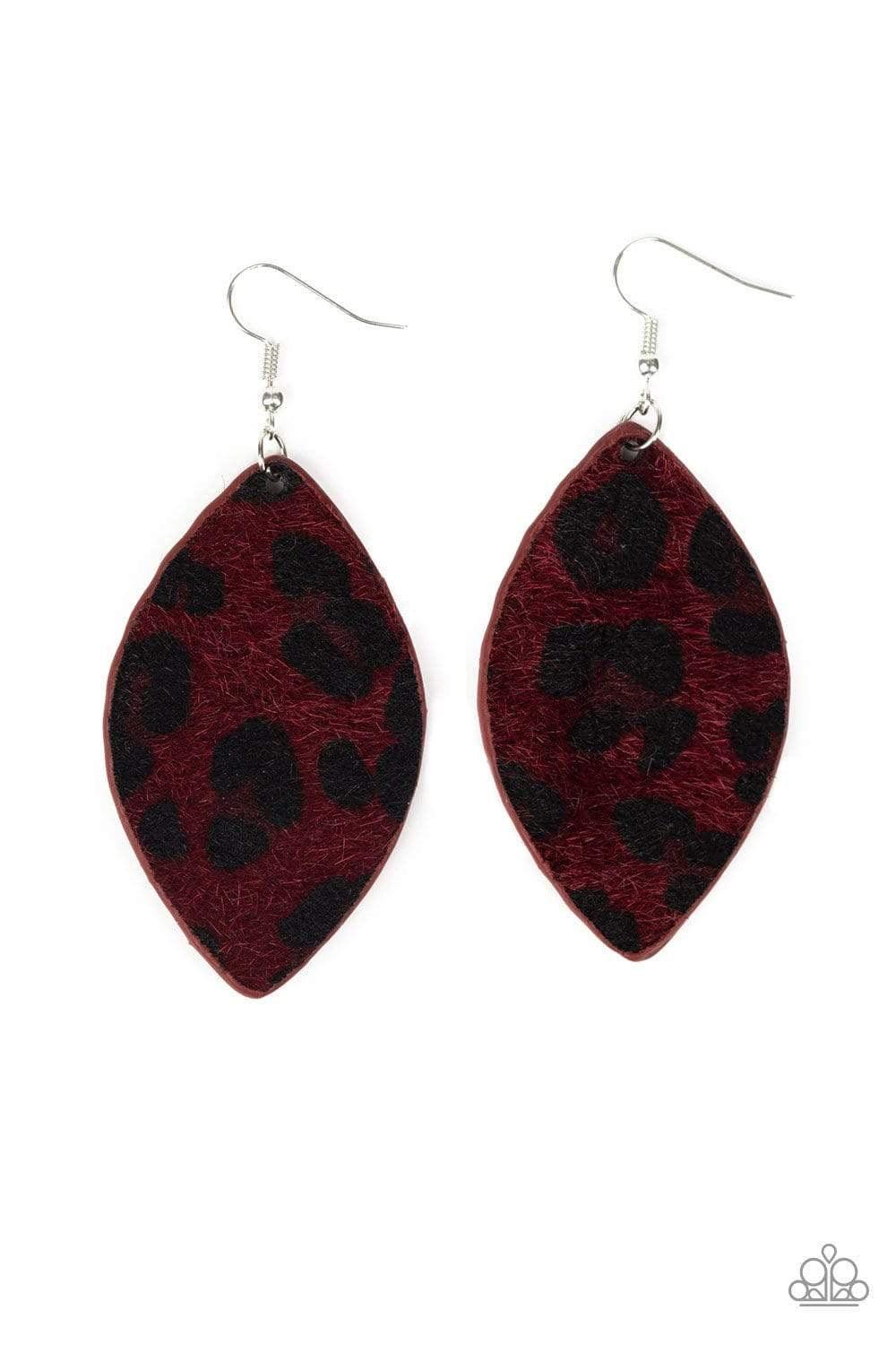 Paparazzi Accessories GRR-irl Power - Red Featuring black cheetah print, a fuzzy red almond-shaped frame swings from the ear for a wild look. Earring attaches to a standard fishhook fitting. Sold as one pair of earrings. Jewelry