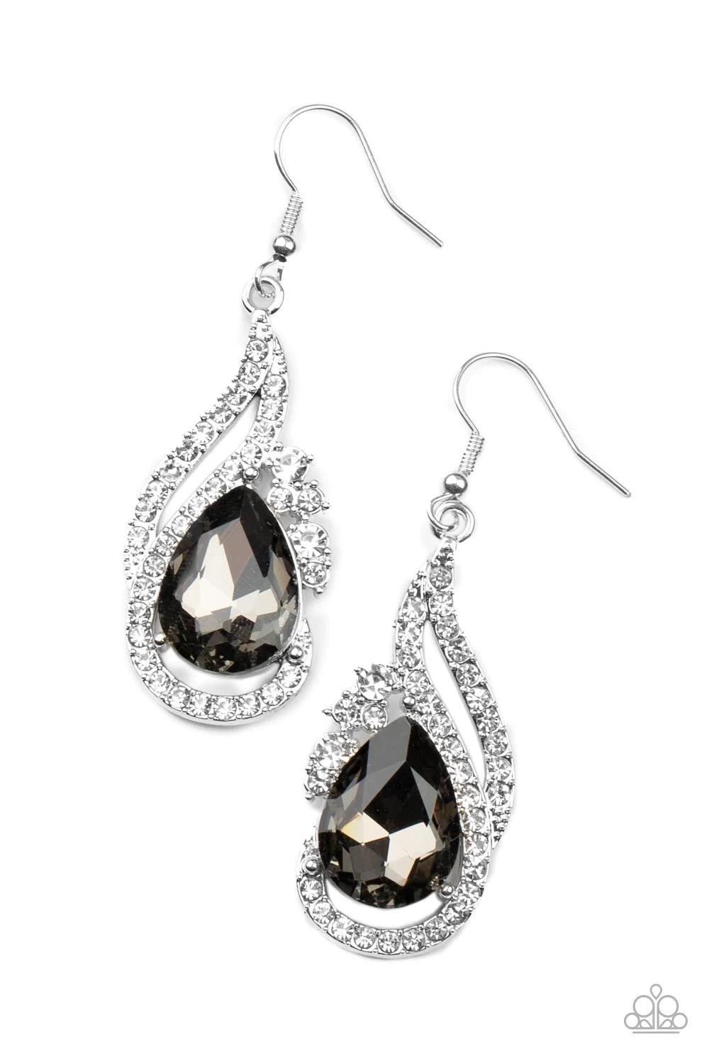Paparazzi Accessories Dancefloor Diva - Silver White rhinestone encrusted silver bars delicately whirl around an oversized smoky teardrop gem, creating a smoldering lure. Earring attaches to a standard fishhook fitting. Sold as one pair of earrings. Earri