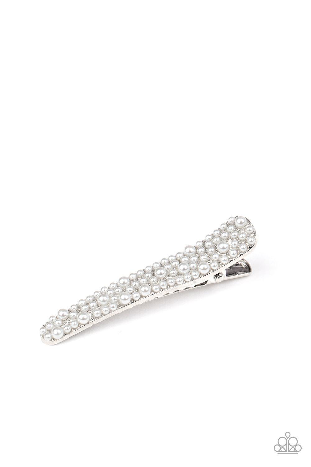Paparazzi Accessories Wish You Were HAIR ~White Varying in size, dainty white pearls adorn the front of a glistening silver frame for a timeless look. Features a standard hair clip. Sold as one individual hair clip.