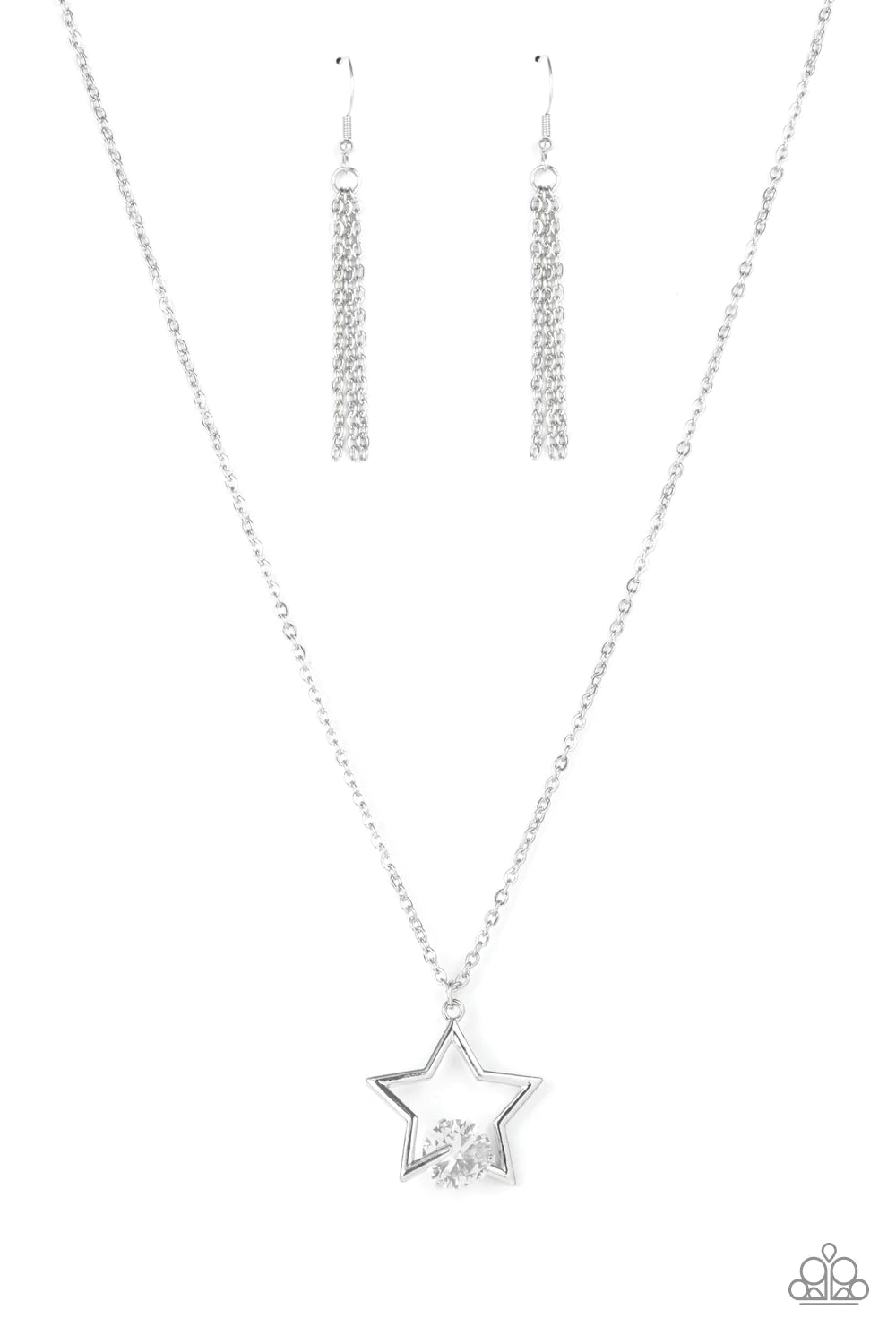 Paparazzi Accessories Starry Fireworks - White The bottom of a glistening silver star frame delicately overlaps with a dramatically oversized white gem, creating a stellar patriotic inspired sparkle beneath the collar. Features an adjustable clasp closure