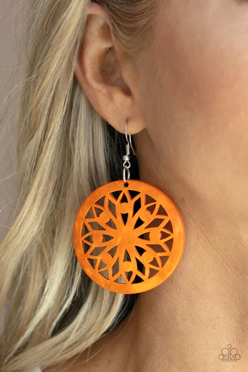 Paparazzi Accessories Ocean Canopy - Orange A bold mandala-inspired design is carved out of an oversized orange disc creating an eye-catching statement. Earring attaches to a standard fishhook fitting. Sold as one pair of earrings. Jewelry