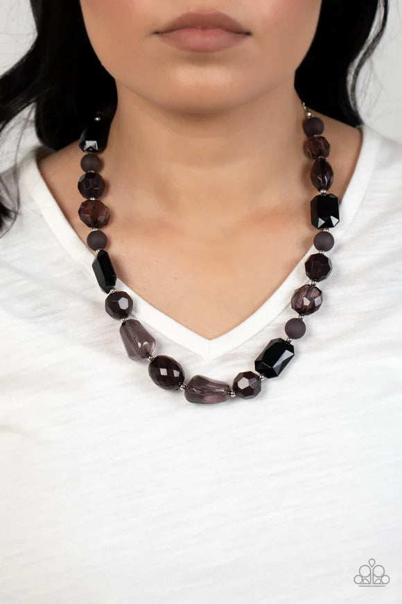 Paparazzi Accessories Here Today GONDOLA Tomorrow - Black Varying in shape and opacity, a mismatched display of acrylic, opaque, and crystal-like black beads alternate with dainty silver beads across the chest for a prismatic pop of refinement. Features a