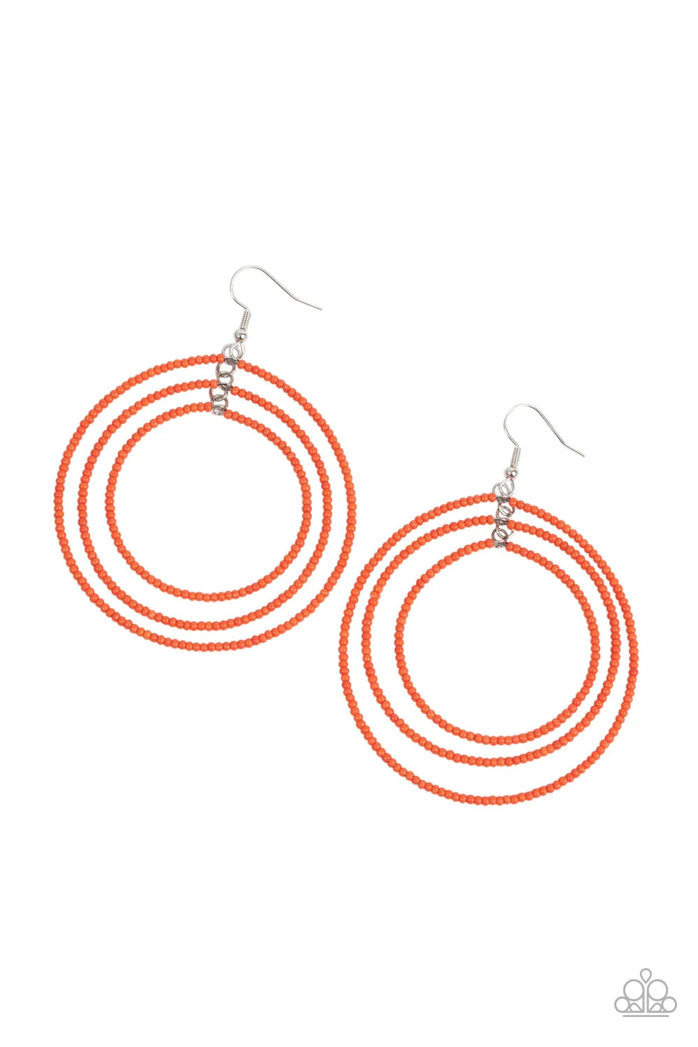 Paparazzi Accessories Colorfully Circulating - Orange Three oversized rings of dainty orange seed beads ripple into colorfully layered hoops, resulting in a dizzying display. Earring attaches to a standard fishhook fitting. Sold as one pair of earrings. J