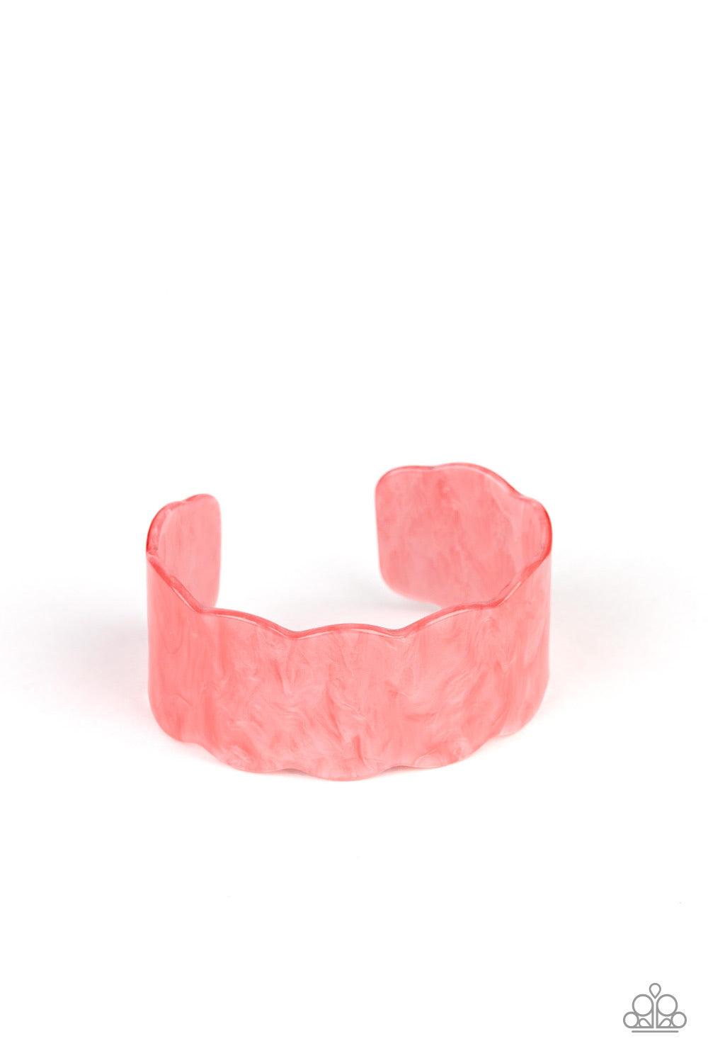 Paparazzi Accessories Retro Ruffle - Orange Flecked in shimmer, a scalloped coral acrylic cuff waves across the wrist for a colorfully retro look. Jewelry