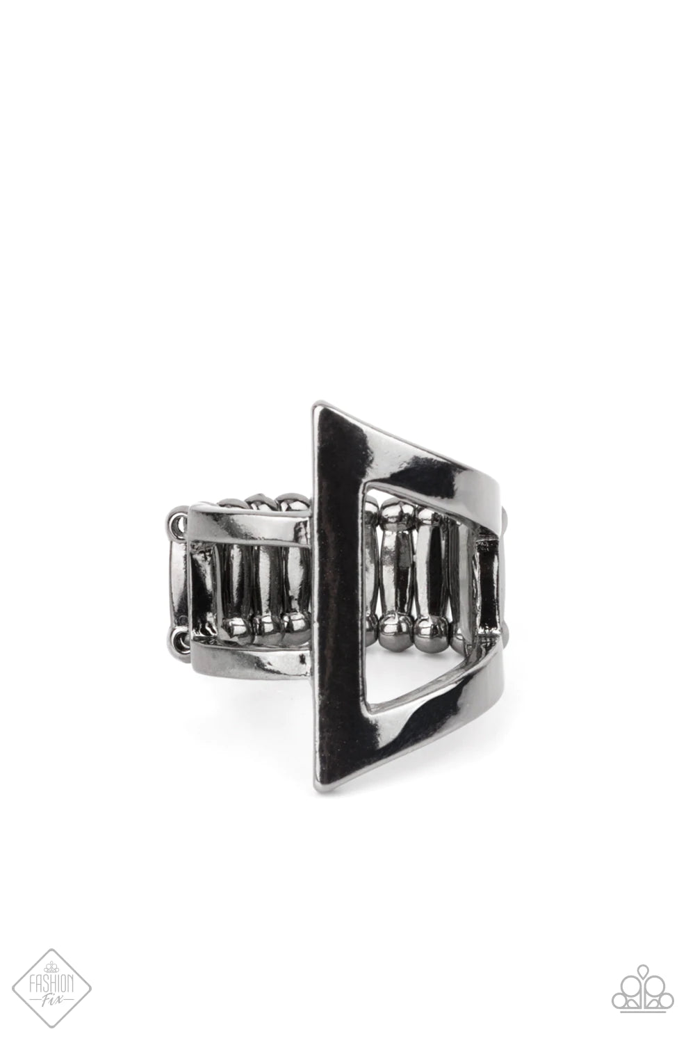 Paparazzi Accessories Rebel Edge - Black Featuring a high sheen finish, flared gunmetal bars create a bold asymmetrical triangle atop the finger. Two small gunmetal bars wrap around the side for an edgy modern finish. Features a stretchy band for a flexib