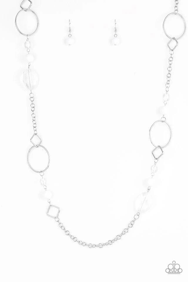 Paparazzi Accessories Very Visionary - White Polished and glassy white beads trickle along a shimmery silver chain featuring round and square frames for a seasonal look. Features an adjustable clasp closure. Sold as one individual necklace. Includes one p