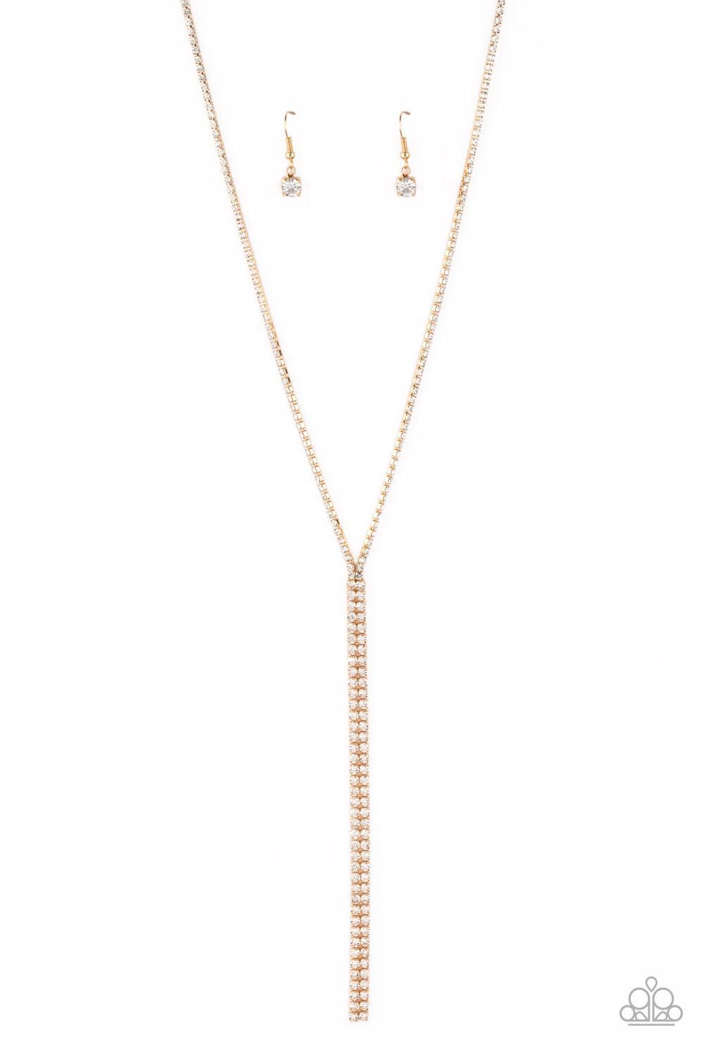 Paparazzi Accessories Inner STARLIGHT - Gold Featuring square gold fittings, a dainty strand of glassy white rhinestones drapes around the neck. The glittery strands delicately connect, splitting off into two twinkling tassels down the chest. Features an
