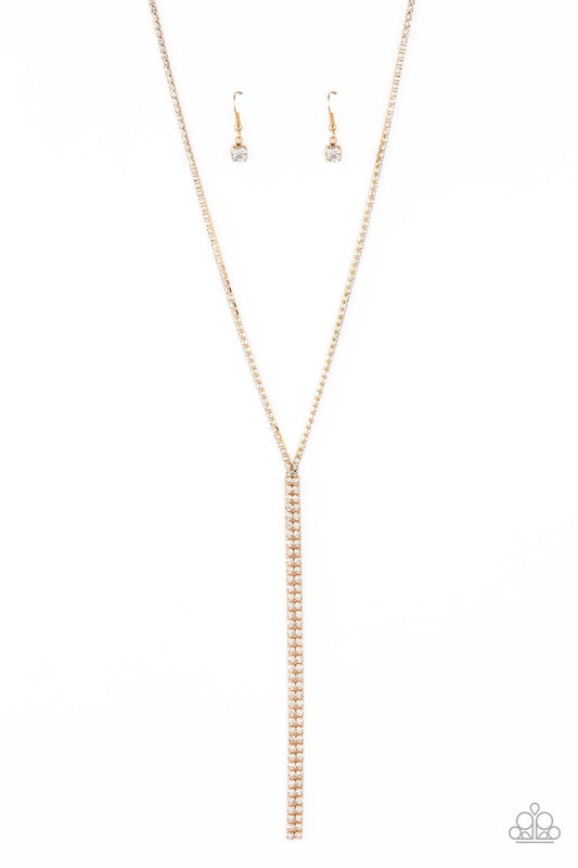 Paparazzi Accessories Inner STARLIGHT - Gold Featuring square gold fittings, a dainty strand of glassy white rhinestones drapes around the neck. The glittery strands delicately connect, splitting off into two twinkling tassels down the chest. Features an