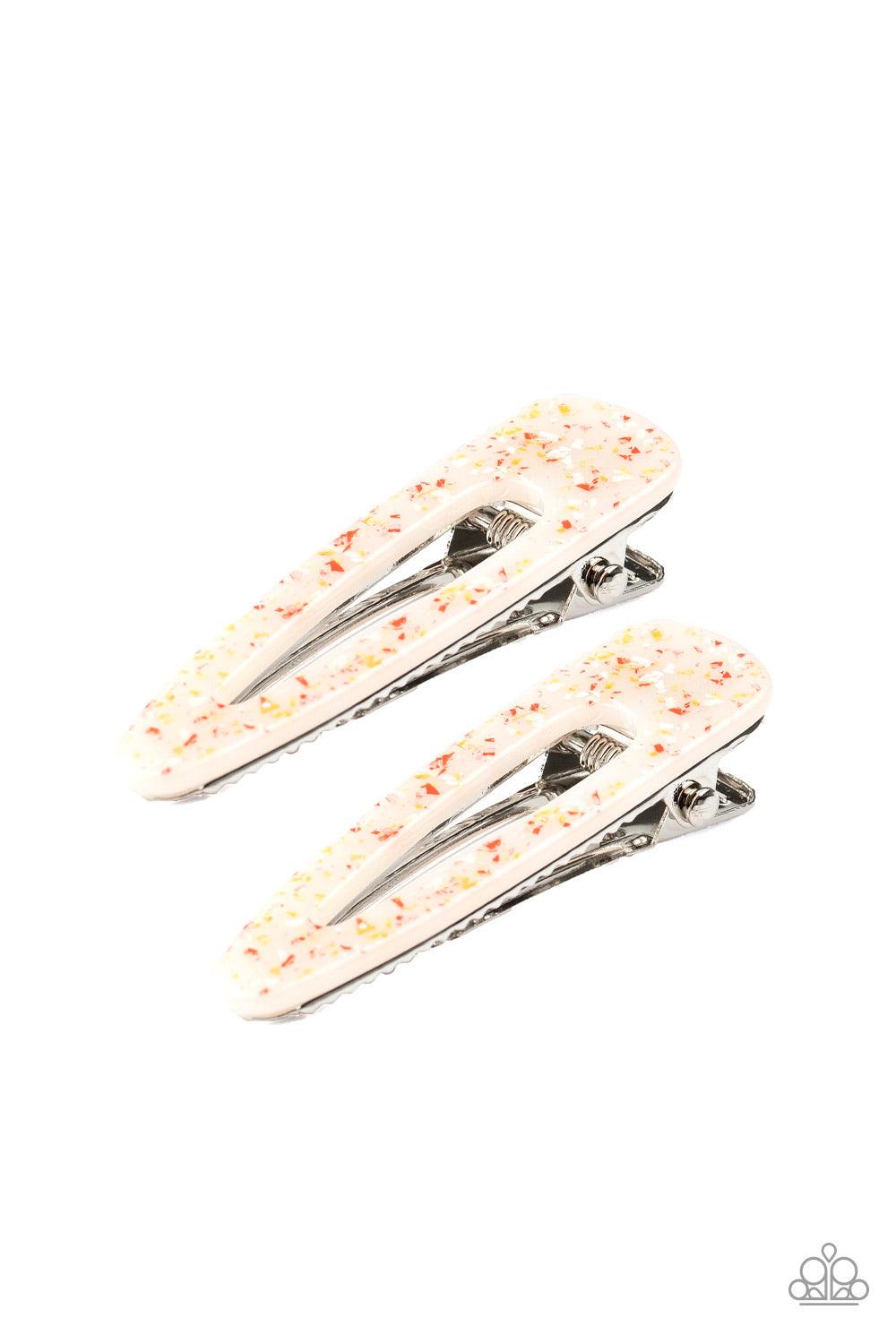 Paparazzi Accessories A CLIP Off The Old Block - Multi 1 Featuring a speckled pattern, a pair of colorful acrylic hair clips pull back the hair for a retro inspired look. Features standard hair clips. Hair Accessories
