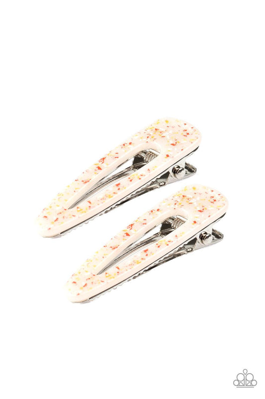 Paparazzi Accessories A CLIP Off The Old Block - Multi 1 Featuring a speckled pattern, a pair of colorful acrylic hair clips pull back the hair for a retro inspired look. Features standard hair clips. Hair Accessories