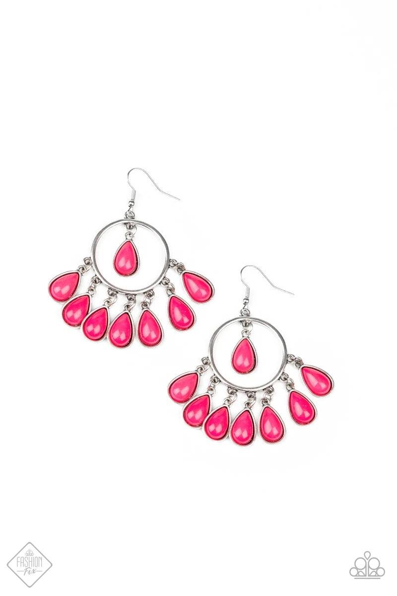 Paparazzi Accessories Flirty Flamboyance ~Pink A fringe of pink beaded teardrops dangles from the bottom of a shiny silver hoop. A solitaire pink teardrop bead is suspended from the top of the hoop for a flirtatious finish. Earring attaches to a standard