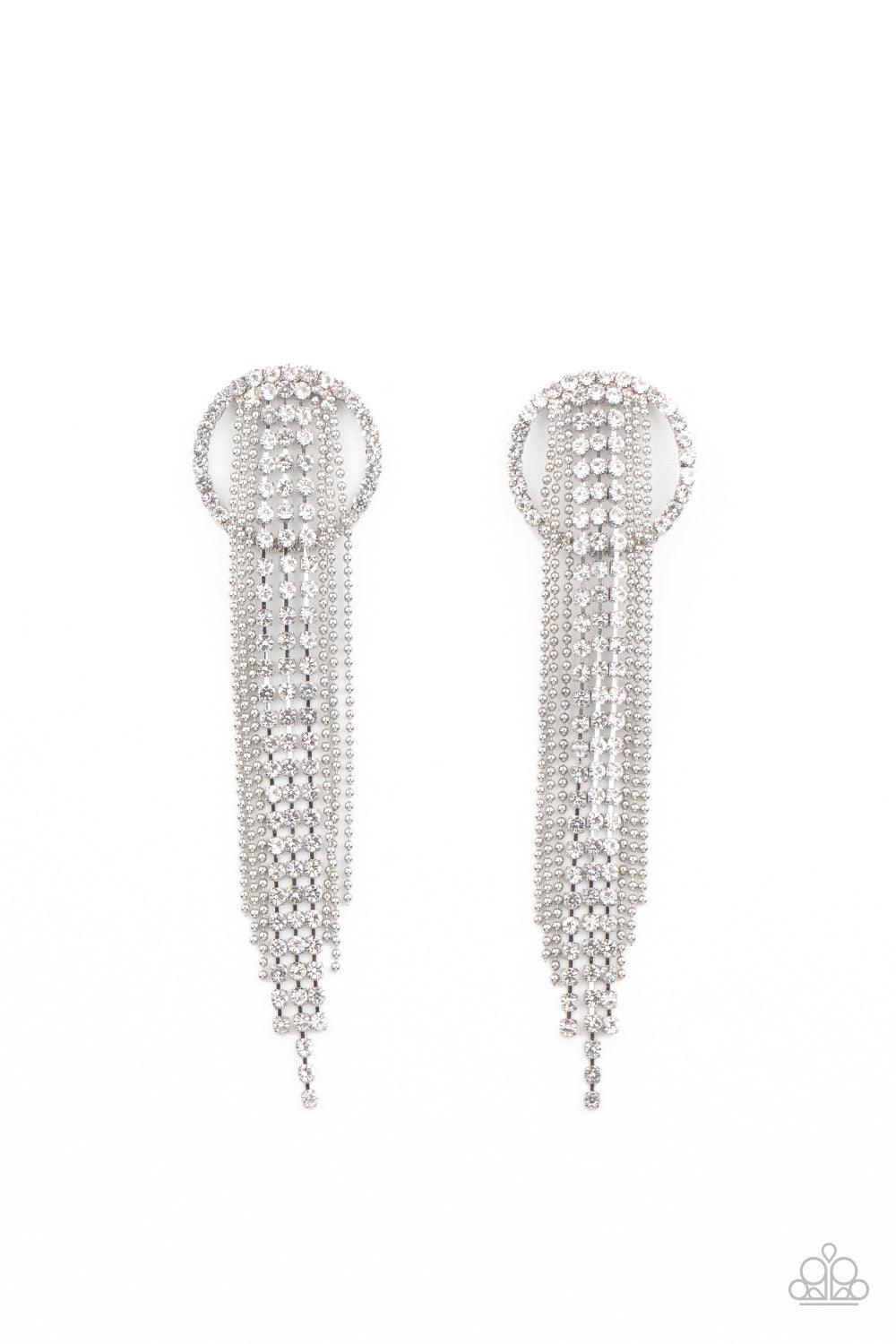 Paparazzi Accessories Dazzle By Default - White Dainty strands of glassy white rhinestones and shimmery silver ball-chain stream from the top of a bedazzled white rhinestone hoop, creating a dazzling fringe. Earring attaches to a standard post fitting. So