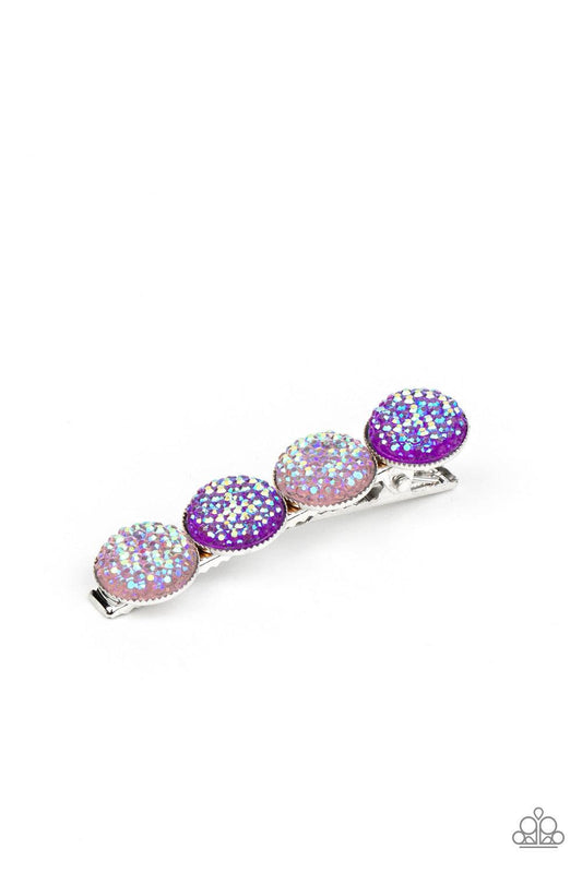 Paparazzi Accessories When GLEAMS Come True - Purple Featuring an iridescent shimmer, pink and purple rhinestone dotted gems are encrusted across the front of a shiny silver bar for a colorfully bubbly look. Features a standard hair clip on the back. Sold