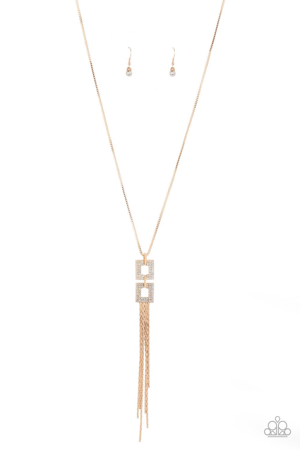 Paparazzi Accessories Time Square Stunner - Gold Encrusted in glittery white rhinestones, two gold square frames link at the bottom of a lengthened gold box chain. Flattened gold chains stream from the bottom of the stacked pendant, creating an edgy tasse