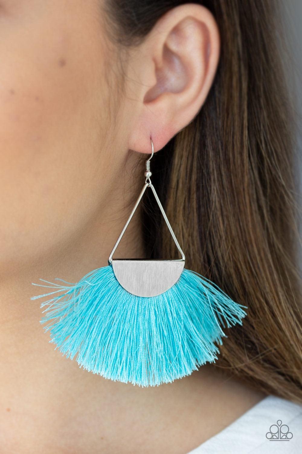 Paparazzi Accessories Modern Mayan - Blue Pinched between a glistening silver fitting, shiny blue thread flares from the bottom of a triangular frame for a seasonal look. Earring attaches to a standard fishhook fitting. Jewelry