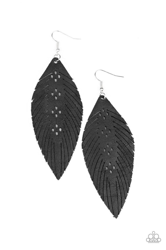 Paparazzi Accessories Wherever The Wind Takes Me - Black Spliced and stenciled in whimsical detail, a distressed black leather frame is cut into a feathery frame for a free-spirited finish. Earring attaches to a standard fishhook fitting. Sold as one pair