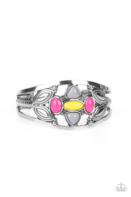 Paparazzi Accessories Caribbean Cabana - Multi A shapely assortment of Illuminating, Ultimate Gray, and Fuchsia Fedora acrylic beads adorn the center of a layered silver cuff adorned in leafy silver texture, creating a vivacious pop of color around the wr