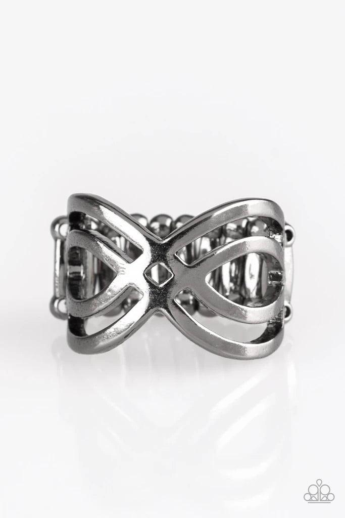 Paparazzi Accessories Infinite Fashion - Black Brushed in a high-sheen finish, glistening gunmetal bars ripple across the finger, coalescing into a whimsical infinity frame. Features a stretchy band for a flexible fit. Sold as one individual ring. Jewelry