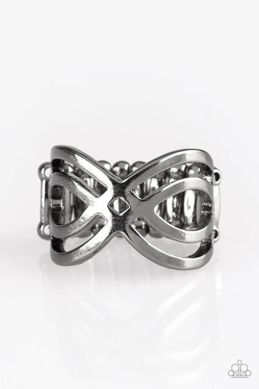 Paparazzi Accessories Infinite Fashion - Black Brushed in a high-sheen finish, glistening gunmetal bars ripple across the finger, coalescing into a whimsical infinity frame. Features a stretchy band for a flexible fit. Sold as one individual ring. Jewelry