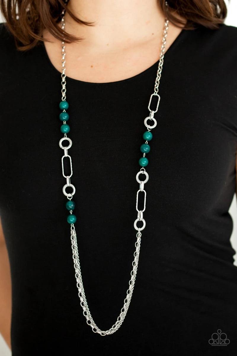 Paparazzi Accessories CACHE Me Out - Green A collection of glassy and polished green beads give way to layers of mismatched silver chain for a whimsical look. Features an adjustable clasp closure. Sold as one individual necklace. Includes one pair of matc